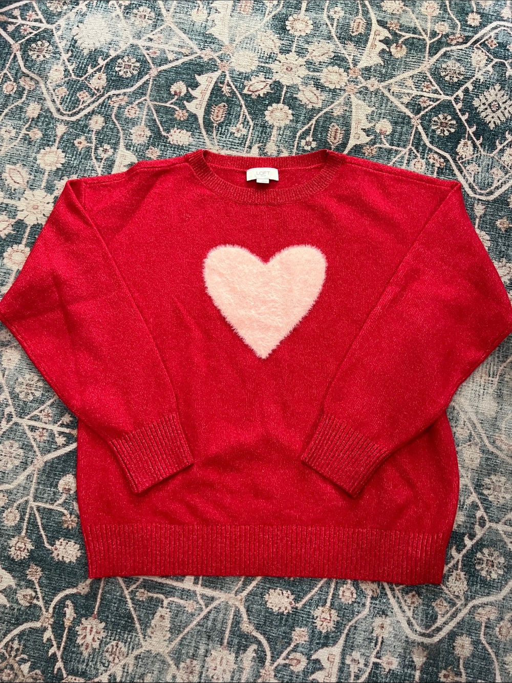 #800 LOFT Red Crewneck Sweater with Pink Fuzzy Heart Large